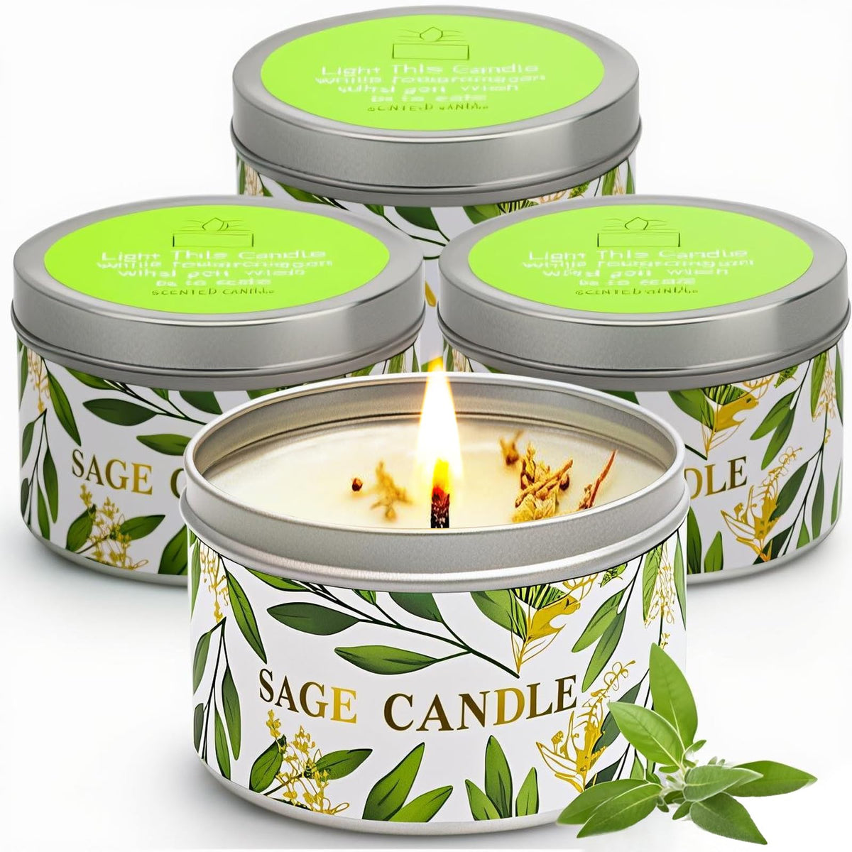Gisly 4-pack sage candles on a display tray creating a fresh home scent.