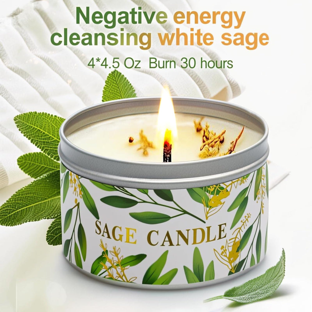 Gisly white sage candle with crystal stones promotes a calming ritual.