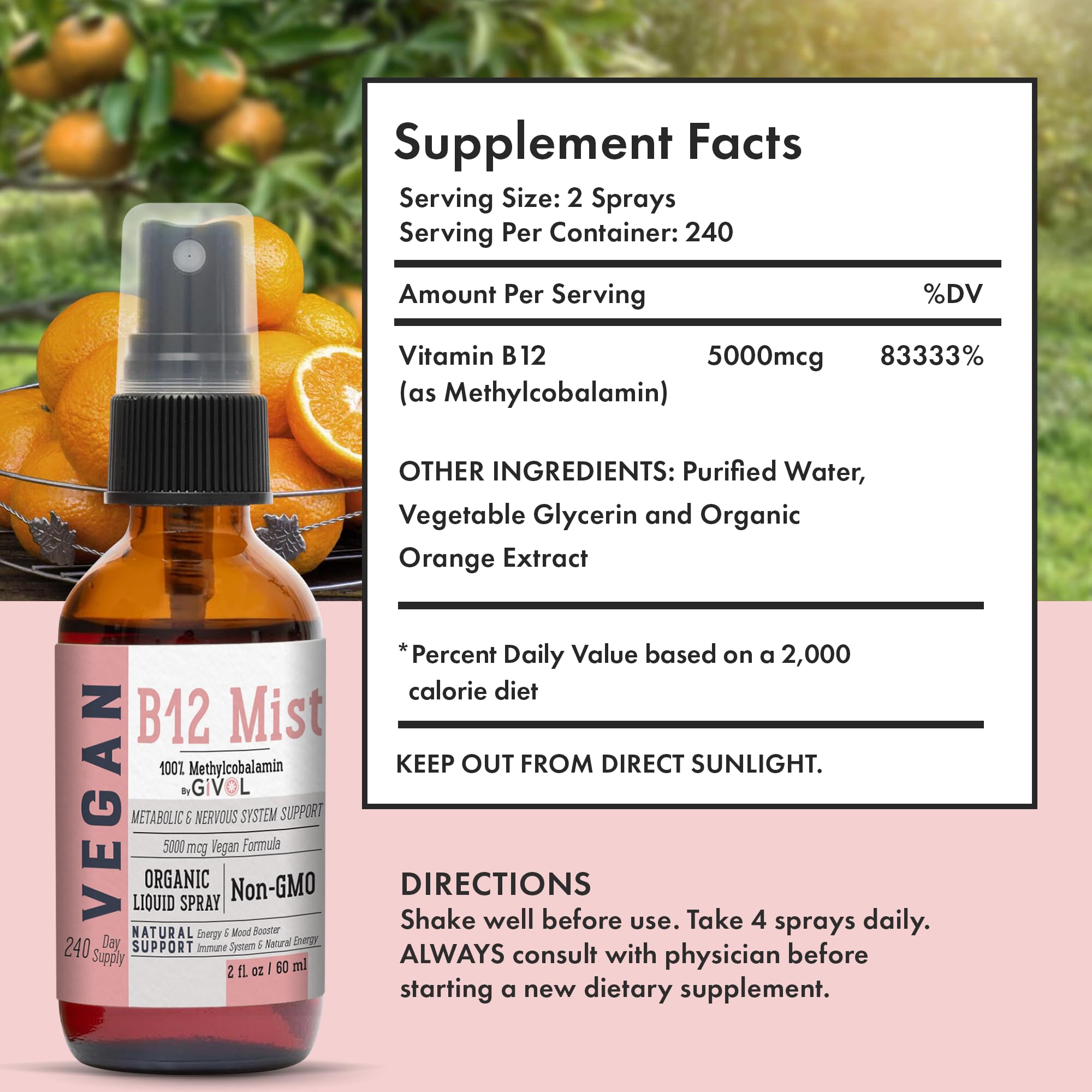 GIVOL B12 Mist ingredients close-up highlights vegan, preservative-free formula.