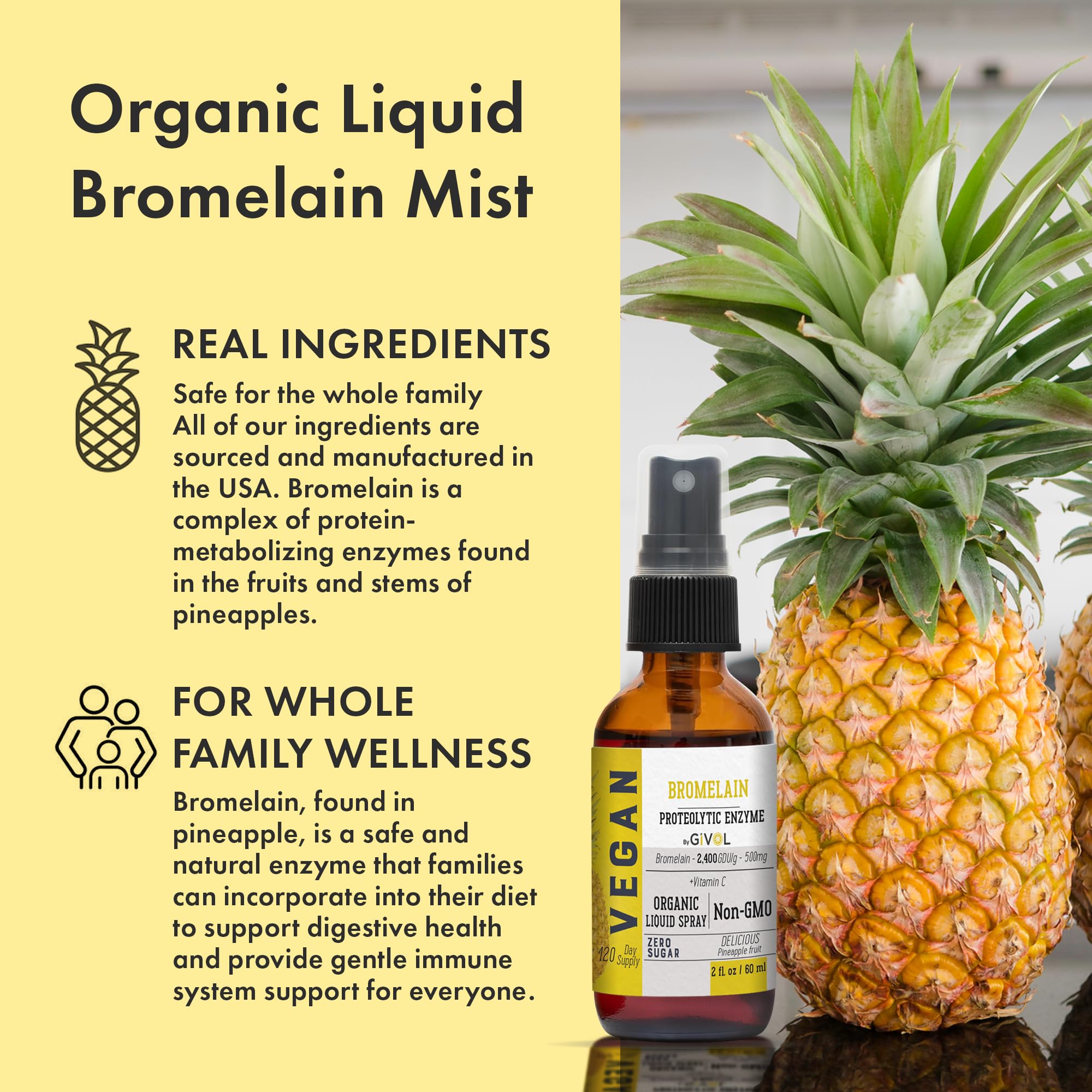 GIVOL bromelain mist pour demonstrates convenient dosing for digestive support.