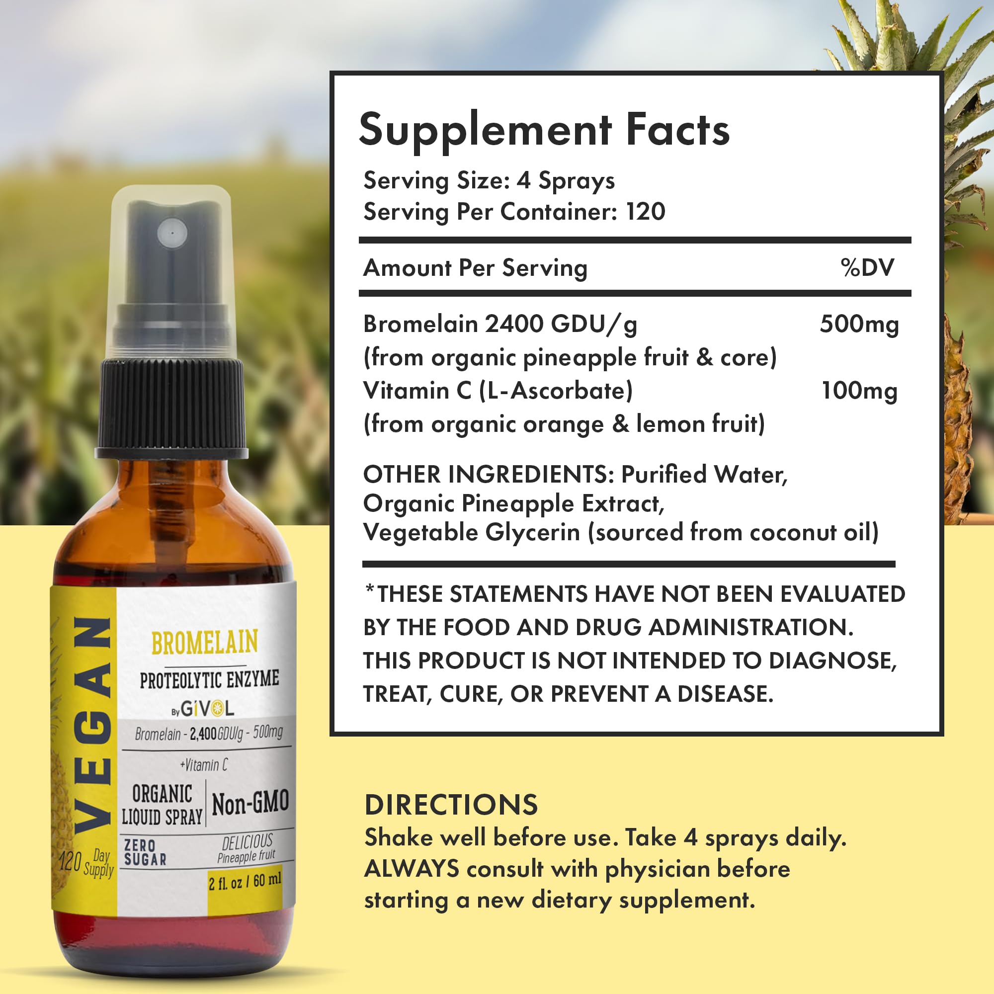 GIVOL pineapple extract label highlights organic sourcing and enhanced potency.