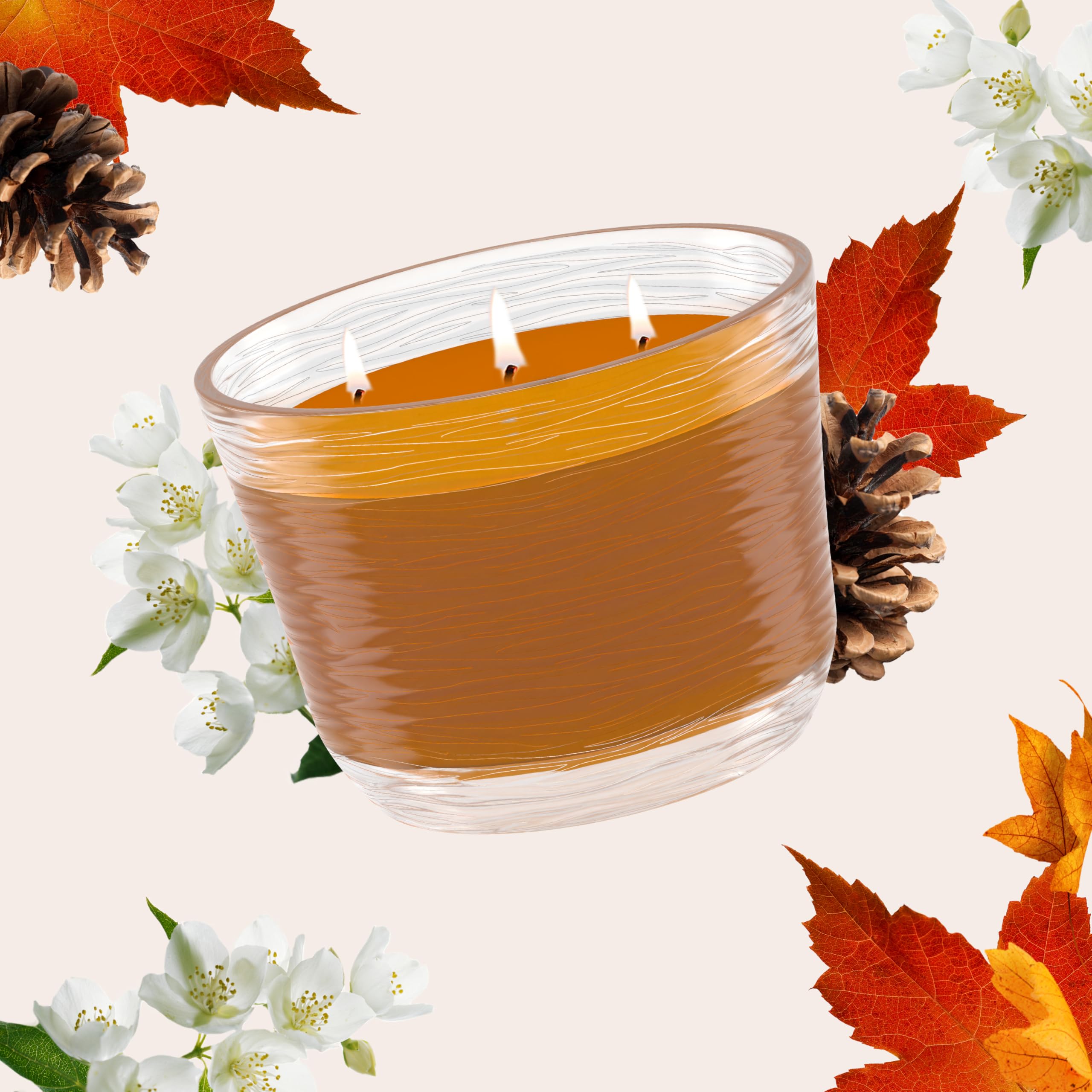Glade Cashmere Woods candle on a stable surface supports safe use.