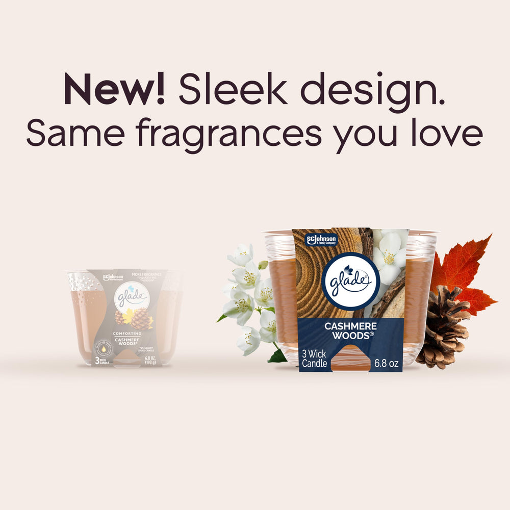 Glade Cashmere Woods emits a warm glow from its 3-wick setup.