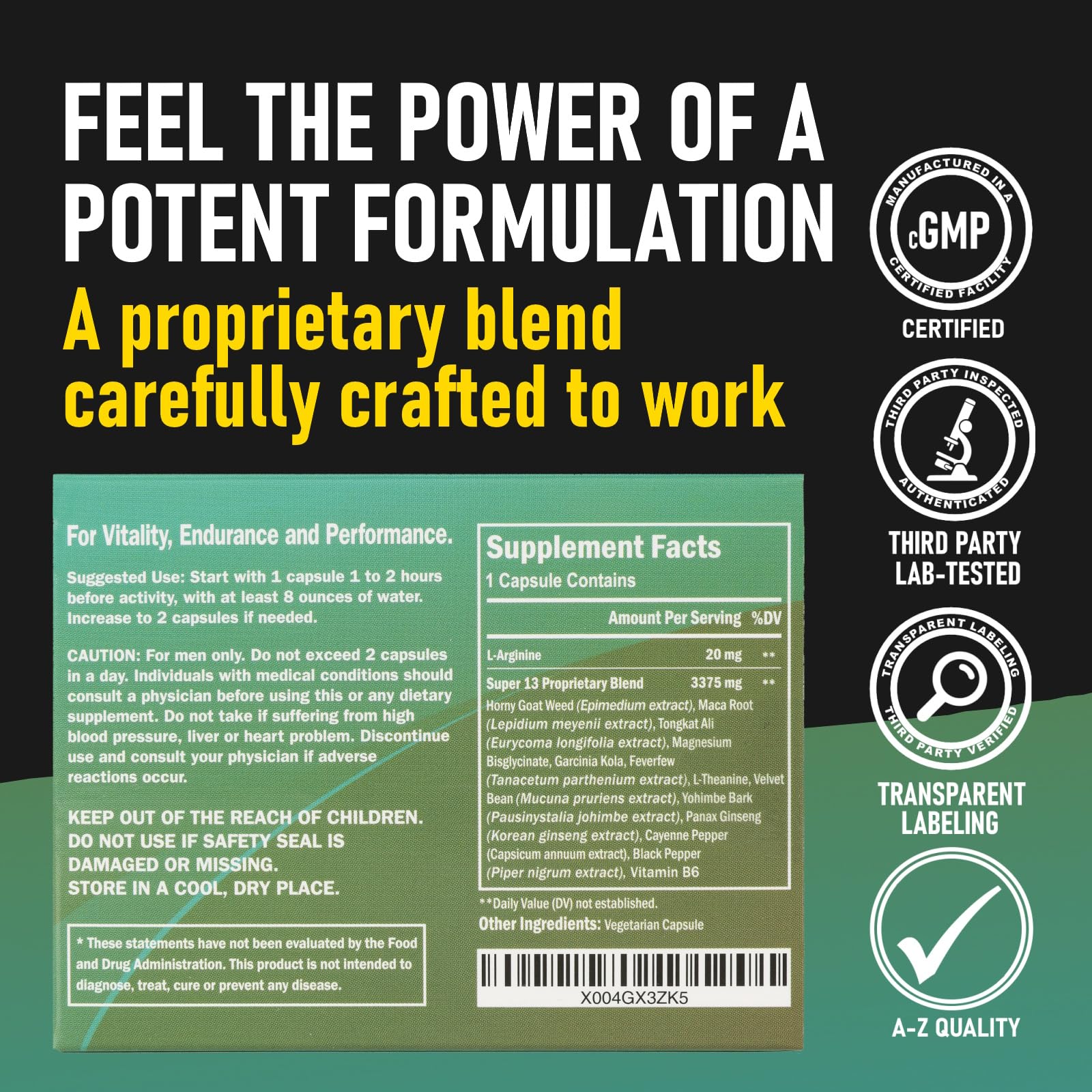 GLADTON Super 13 ingredients label featuring horny goat weed and maca for vitality
