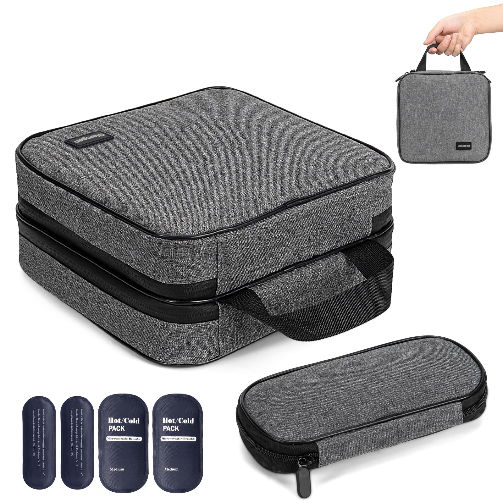 Glamgen large travel insulin cooler case with spacious main compartment for pens and supplies.