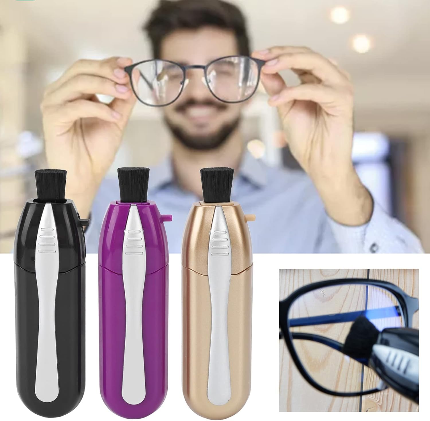 Glasses Cleaner retractable dust brush: removes dust before wiping for clear vision.