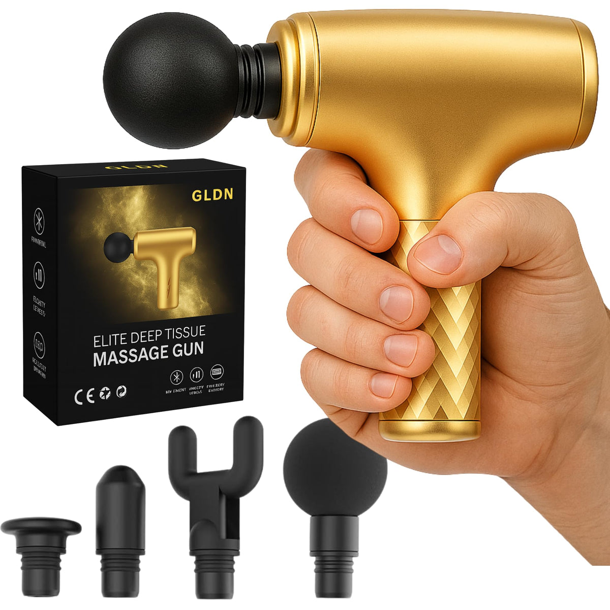 GLDN Mini Massage Gun in gold finish for premium at-home recovery.
