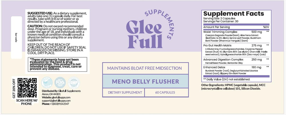 GLEEFULL SUPPS Meno Belly Flusher visual hints at bloating relief
