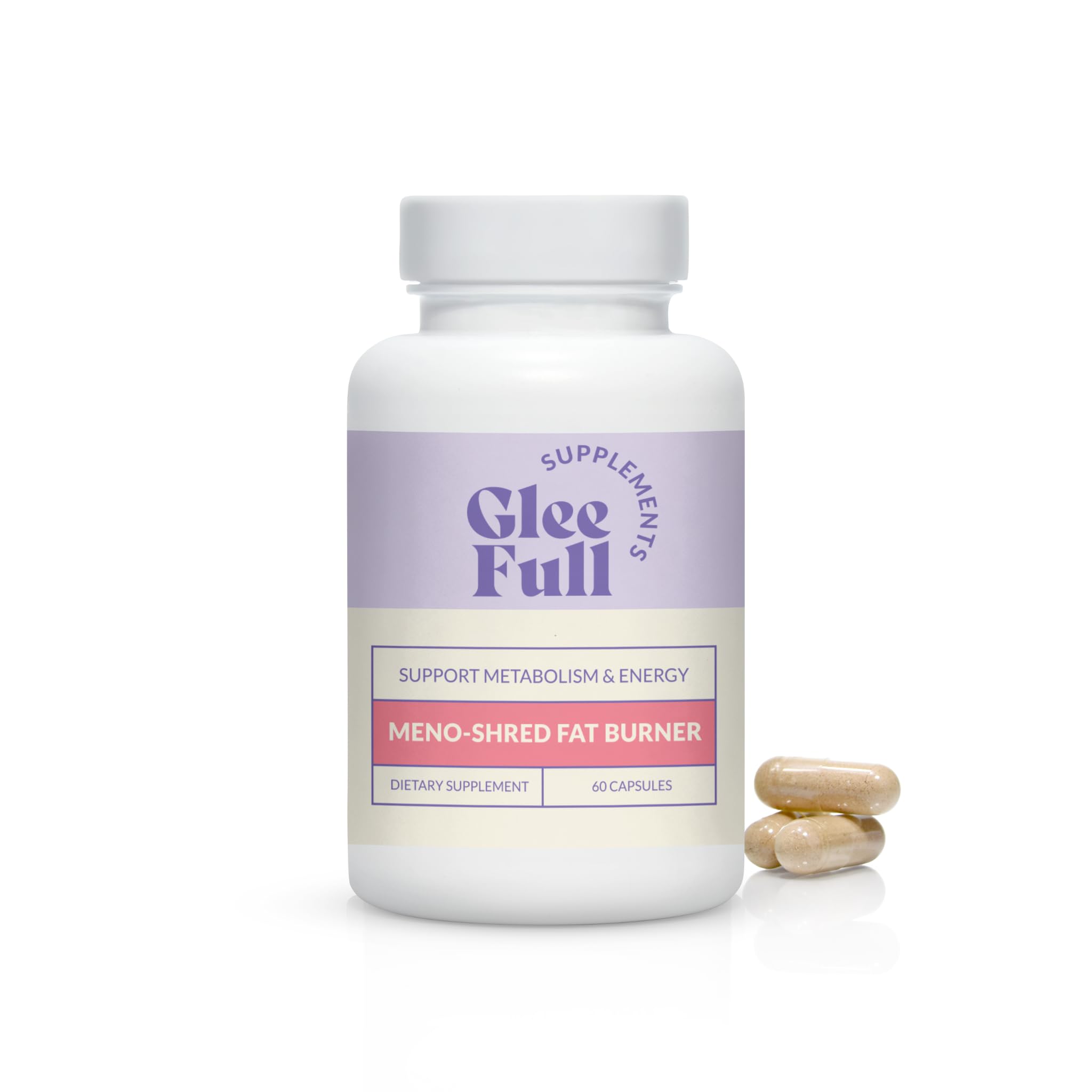 GLEEFULL SUPPS Meno Shred bottle showing metabolism support for menopause.