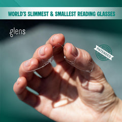 Glens frameless close-up highlights lightweight, minimalist frames for reading.