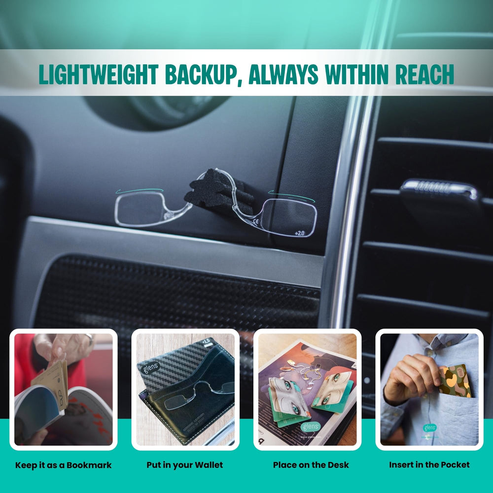 Glens compact reading glasses tucked in a pocket support quick, on-the-go reading.