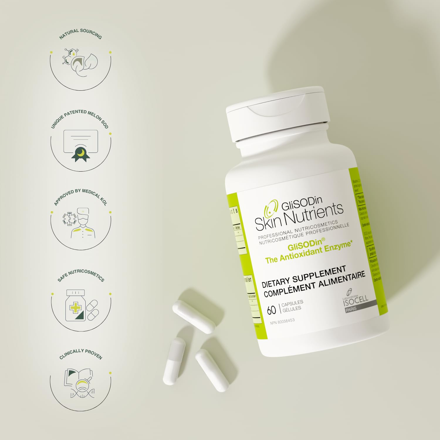 GliSODin Skin Nutrients logo highlighting vegetarian-friendly science.