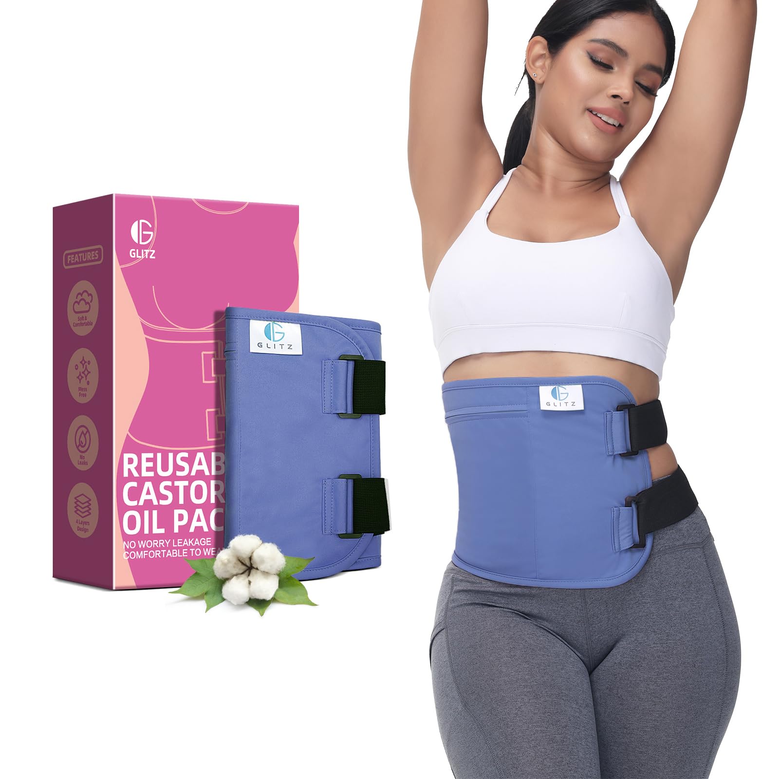 glitz compresa de aceite de ricino, cierre Velcro largo, ajuste para tallas variadas