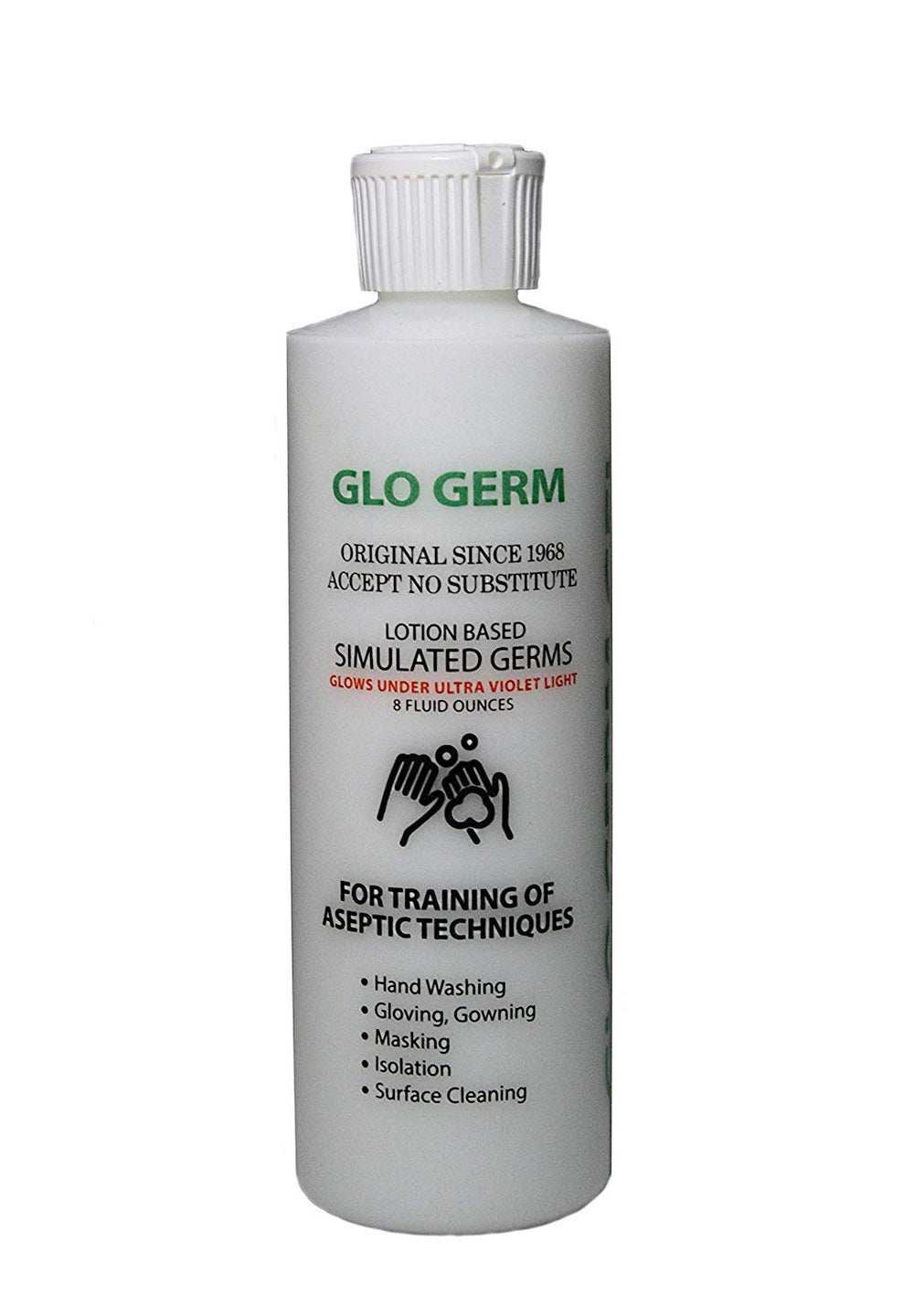 GLO GERM Gel 8-ounce pump demonstrates hand hygiene training with UV-visible germ simulation.