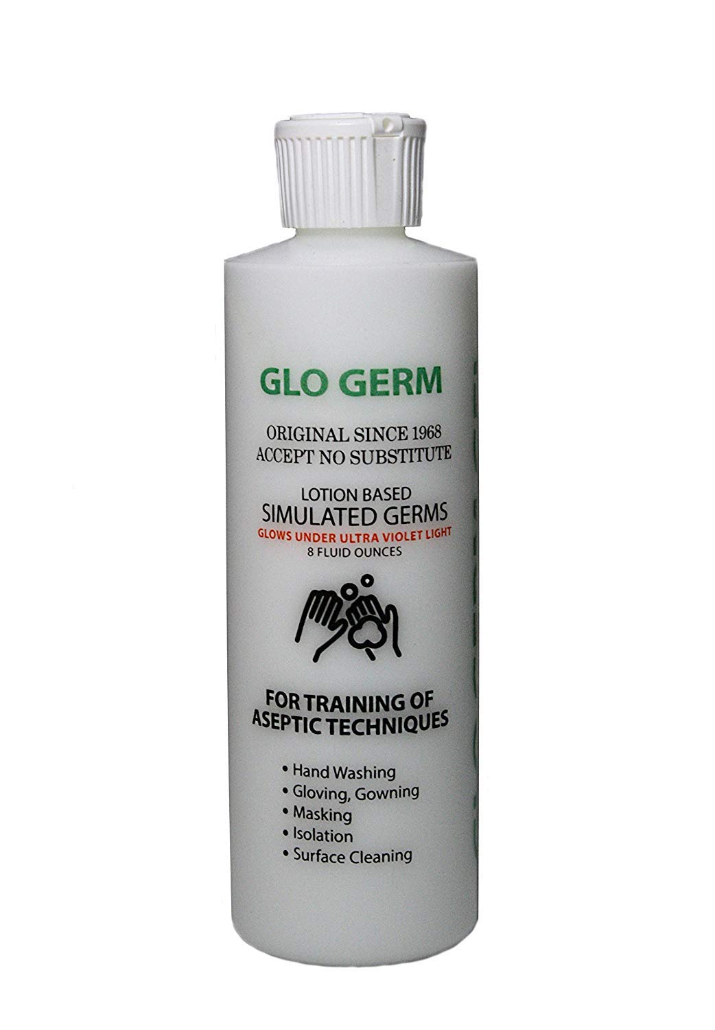 GLO GERM Gel 8-ounce pump demonstrates hand hygiene training with UV-visible germ simulation.