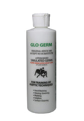 GLO GERM Gel 8-ounce pump demonstrates hand hygiene training with UV-visible germ simulation.
