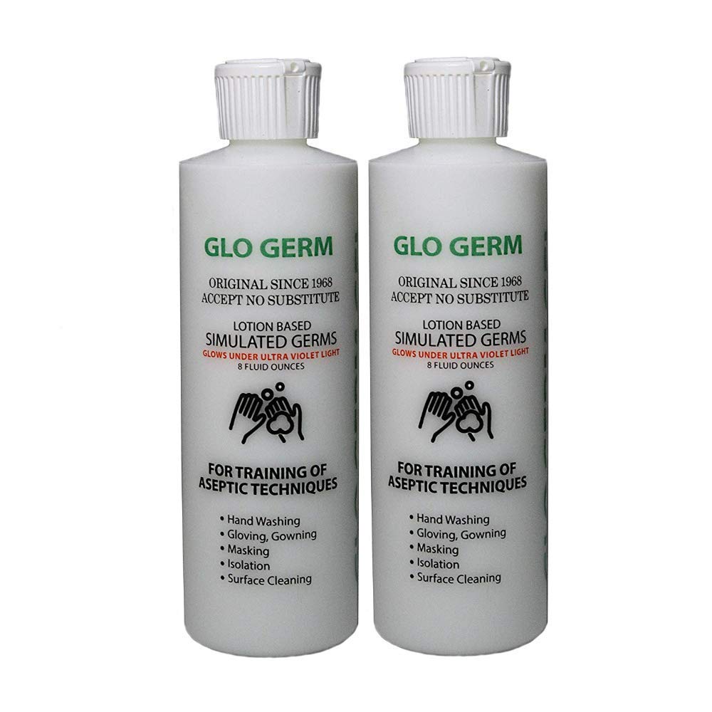 Glo Germ Gel two-pack pumped on hands for germ simulation training.