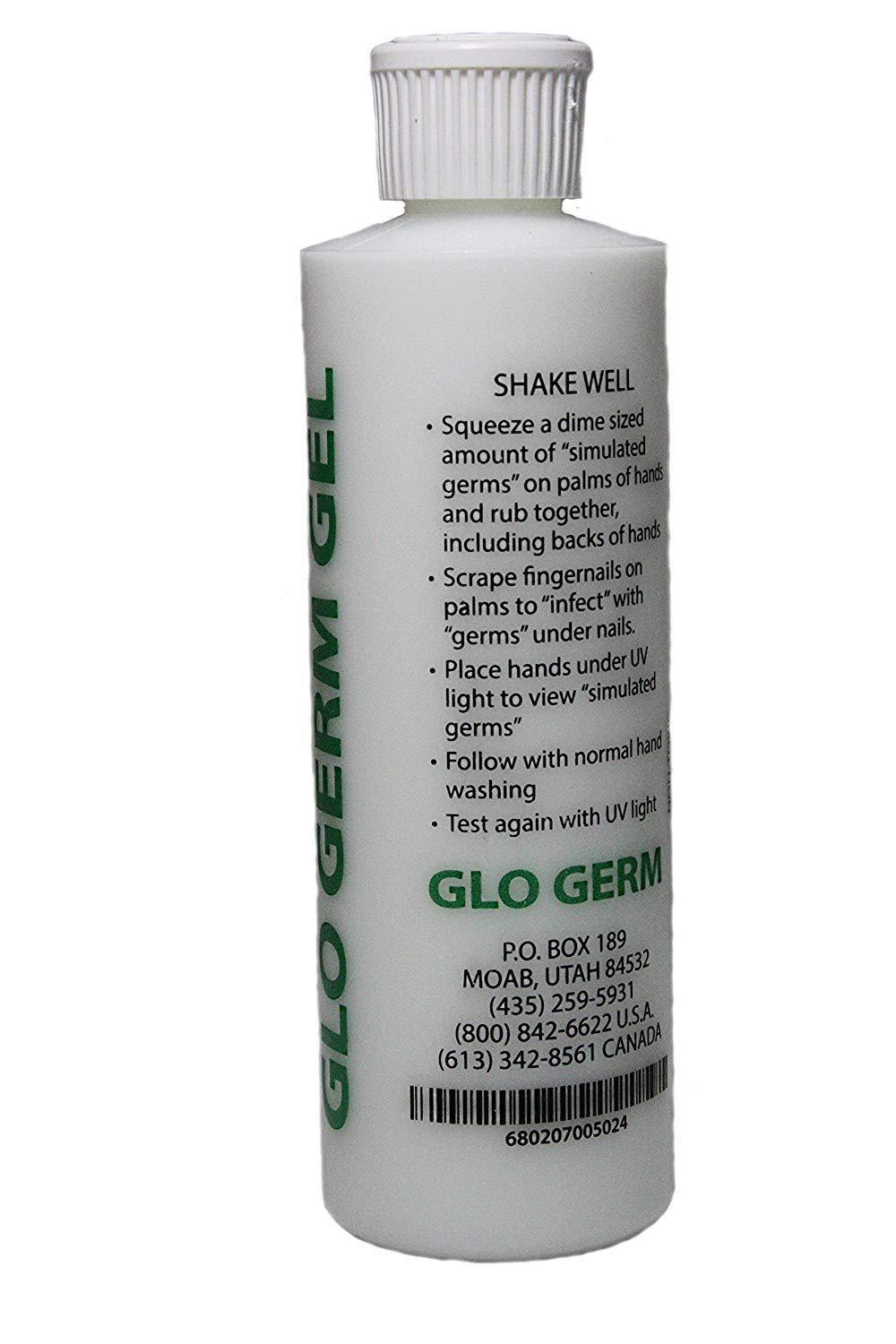Glo Germ Gel glows under UV light to reveal simulated germs.