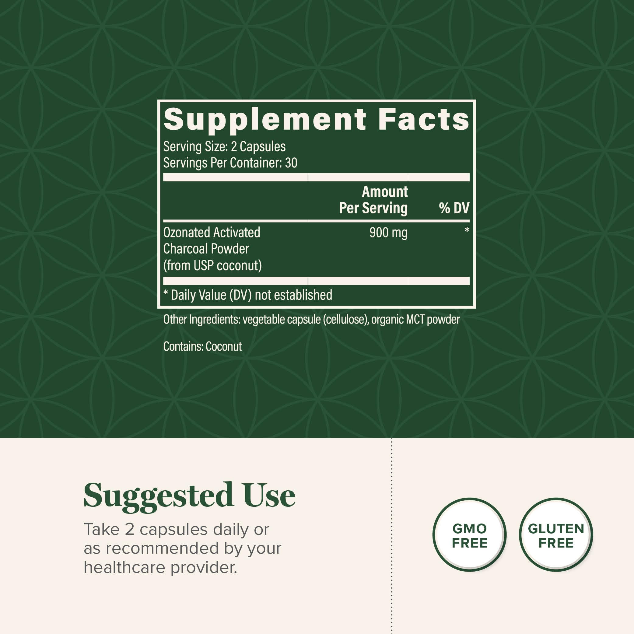 Global Healing Center activated charcoal pills closeup shows tablet texture and purity.