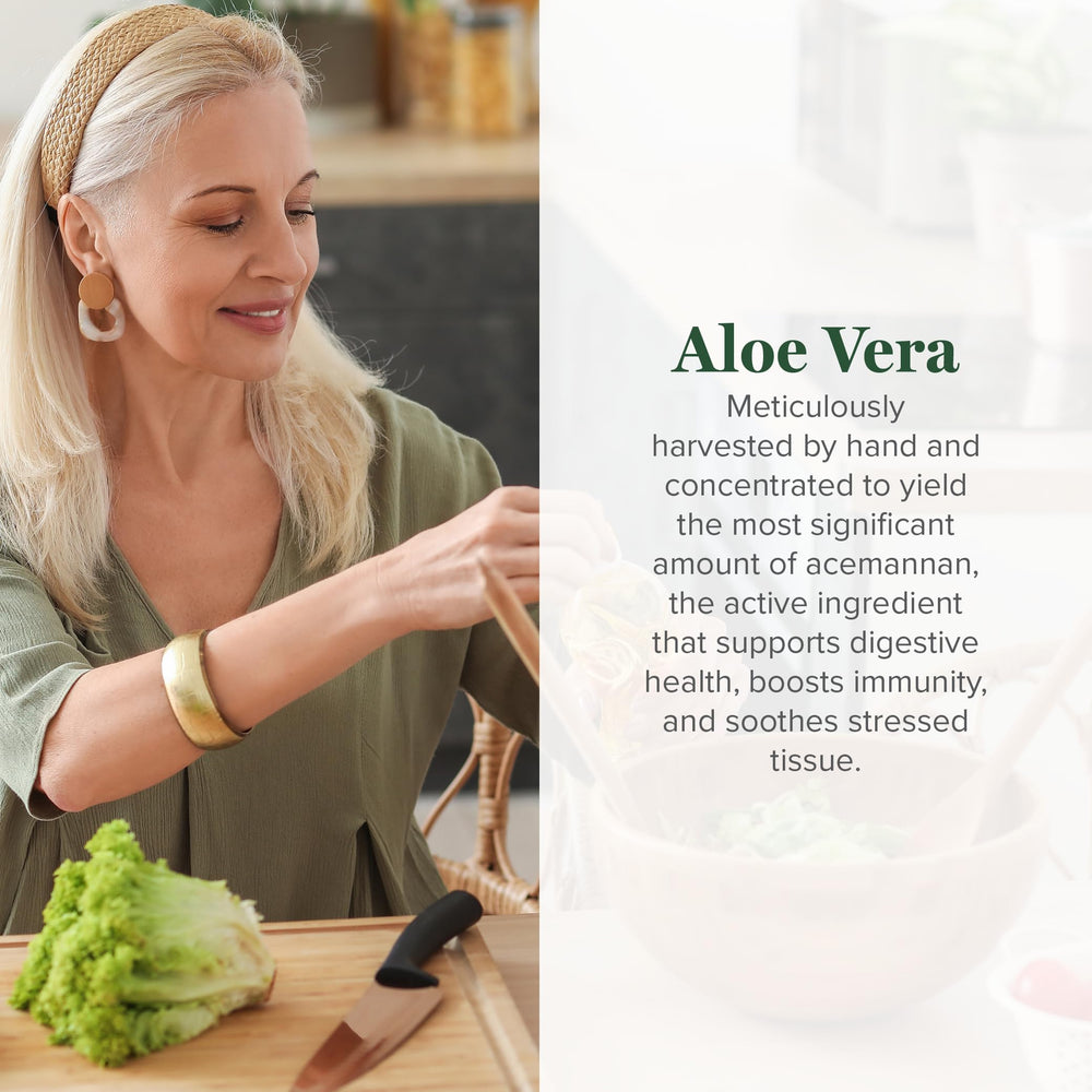 Global Healing Center Aloe Vera Bio-Active label highlights aloins-free formula and high acemannan content