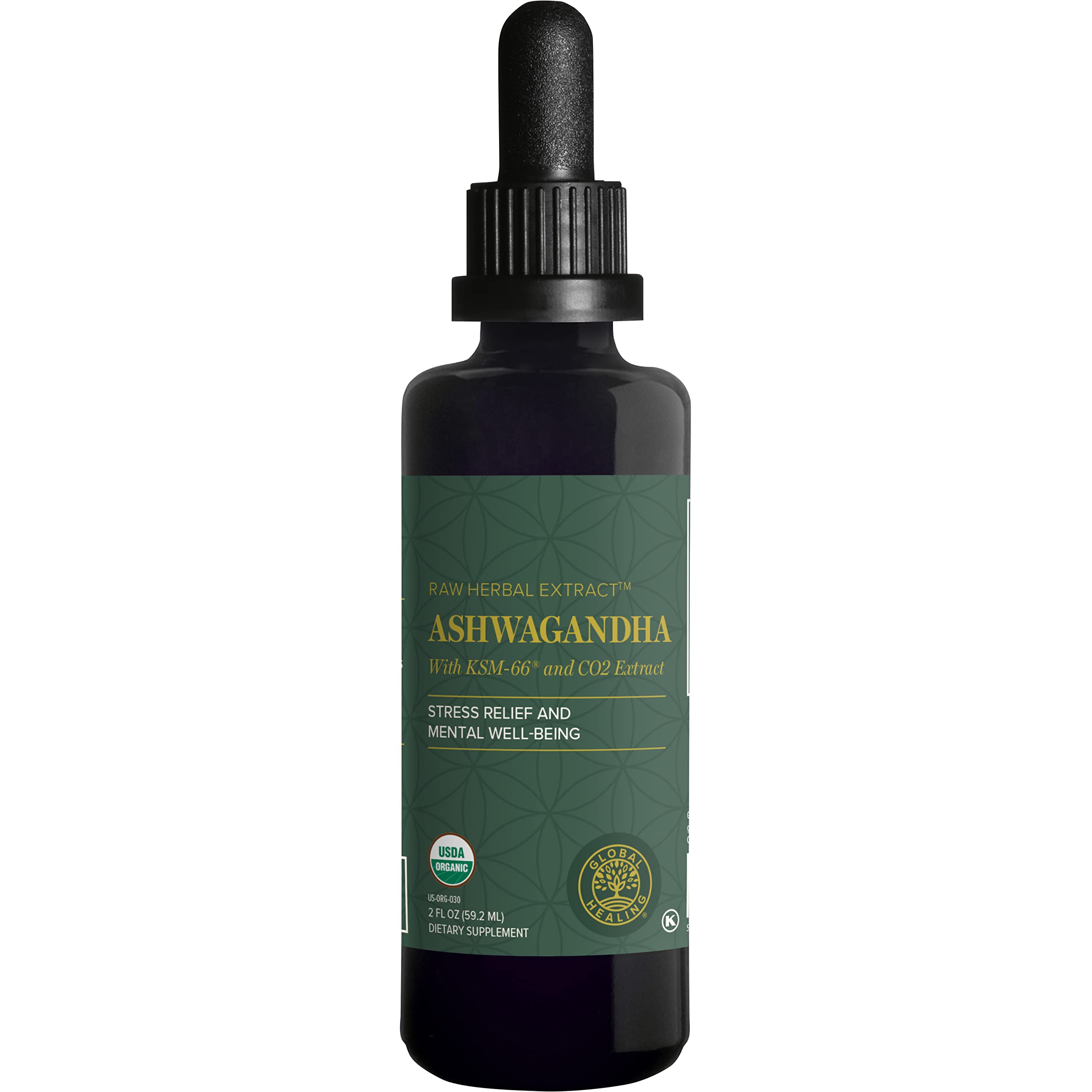 Global Healing Center Ashwagandha Drops bottle and dropper for calming support