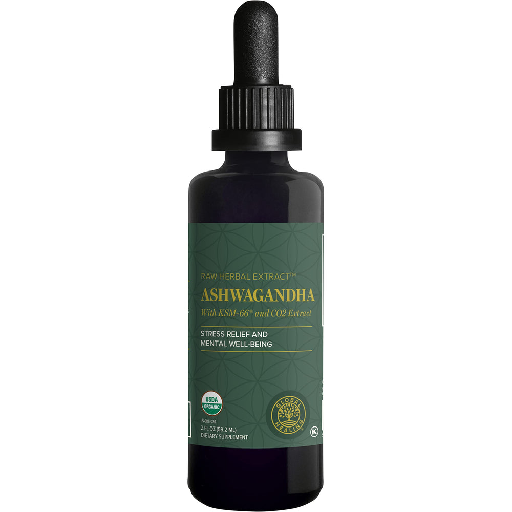 Global Healing Center Ashwagandha Drops bottle and dropper for calming support