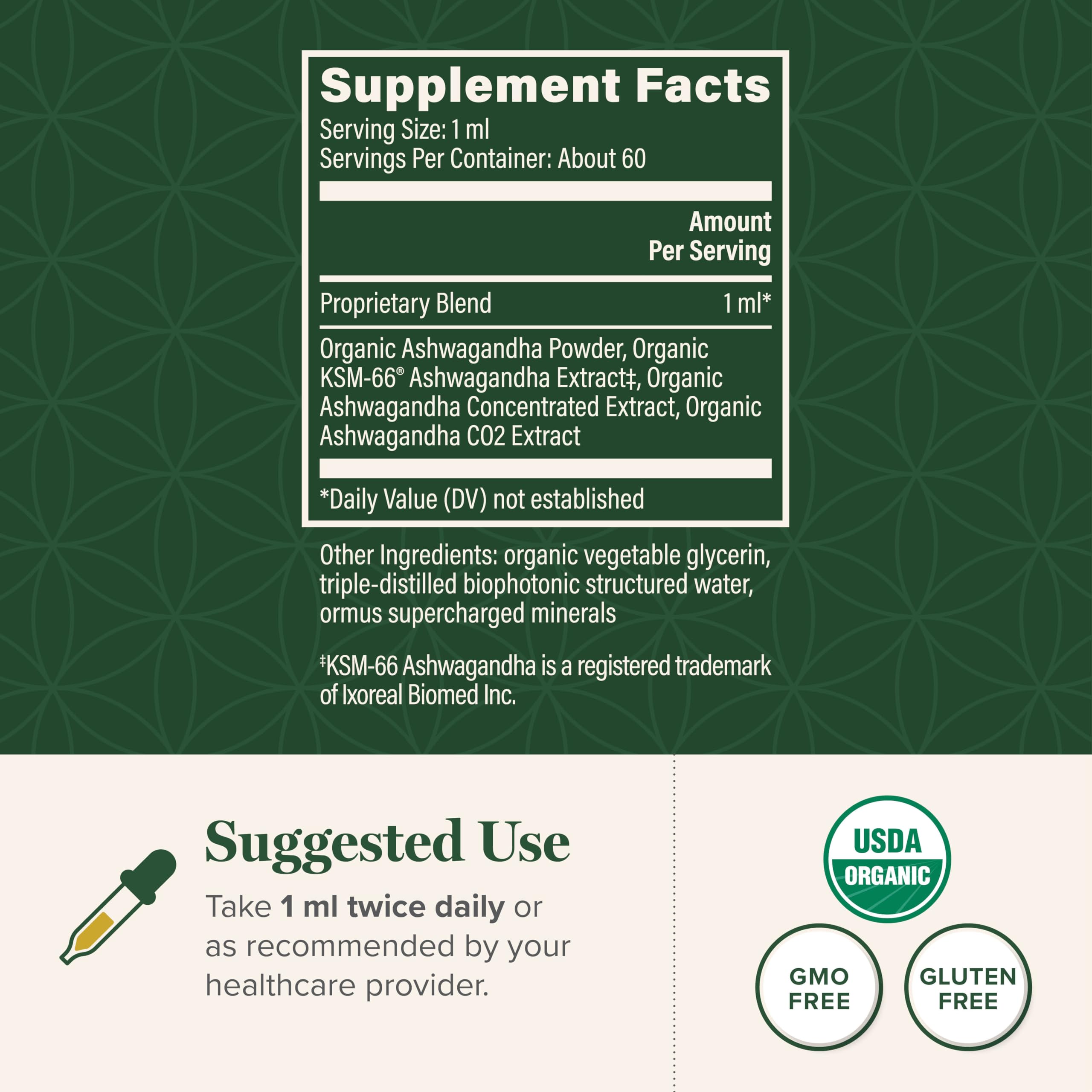 Global Healing Center Ashwagandha Drops label close-up showing organic, non-GMO formula