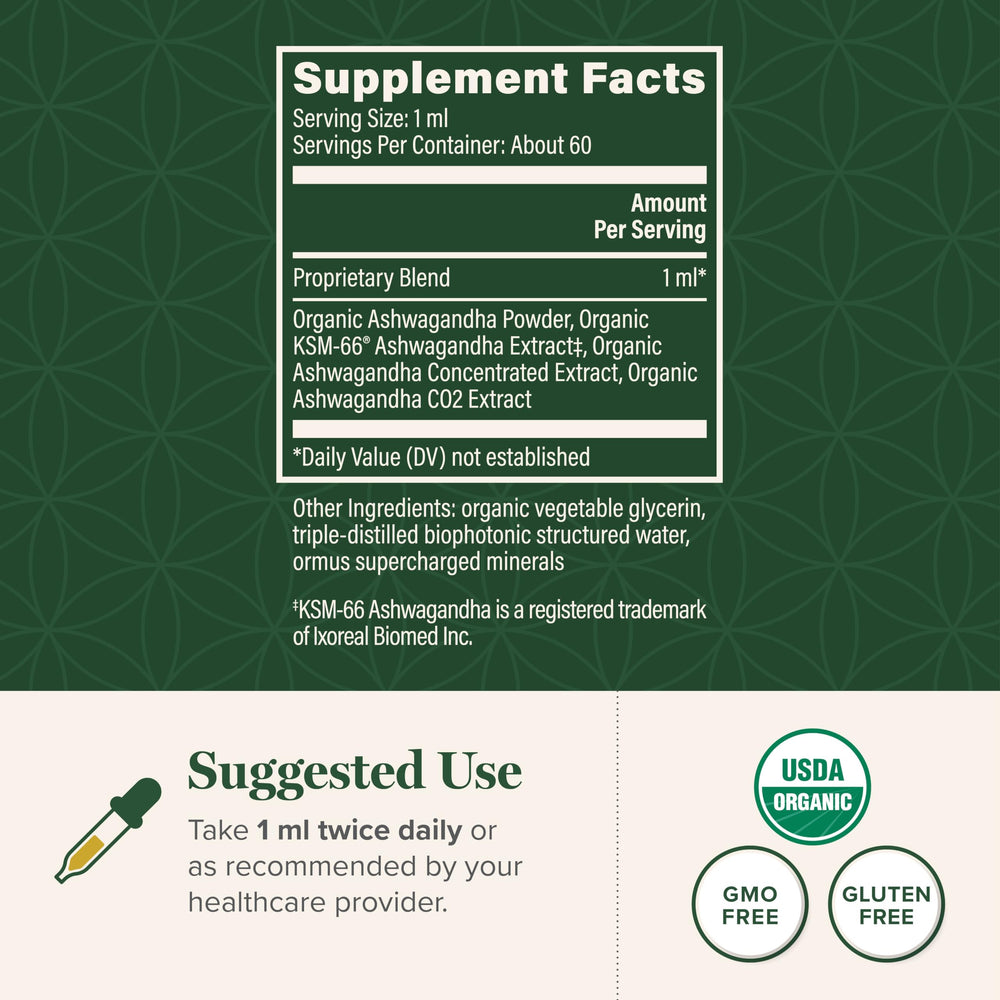 Global Healing Center Ashwagandha Drops label close-up showing organic, non-GMO formula
