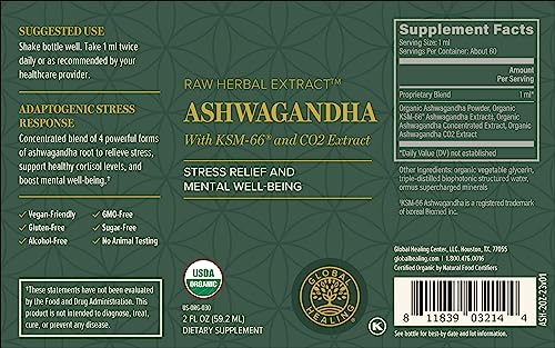 Global Healing Center Ashwagandha Drops organic roots visualization for natural energy