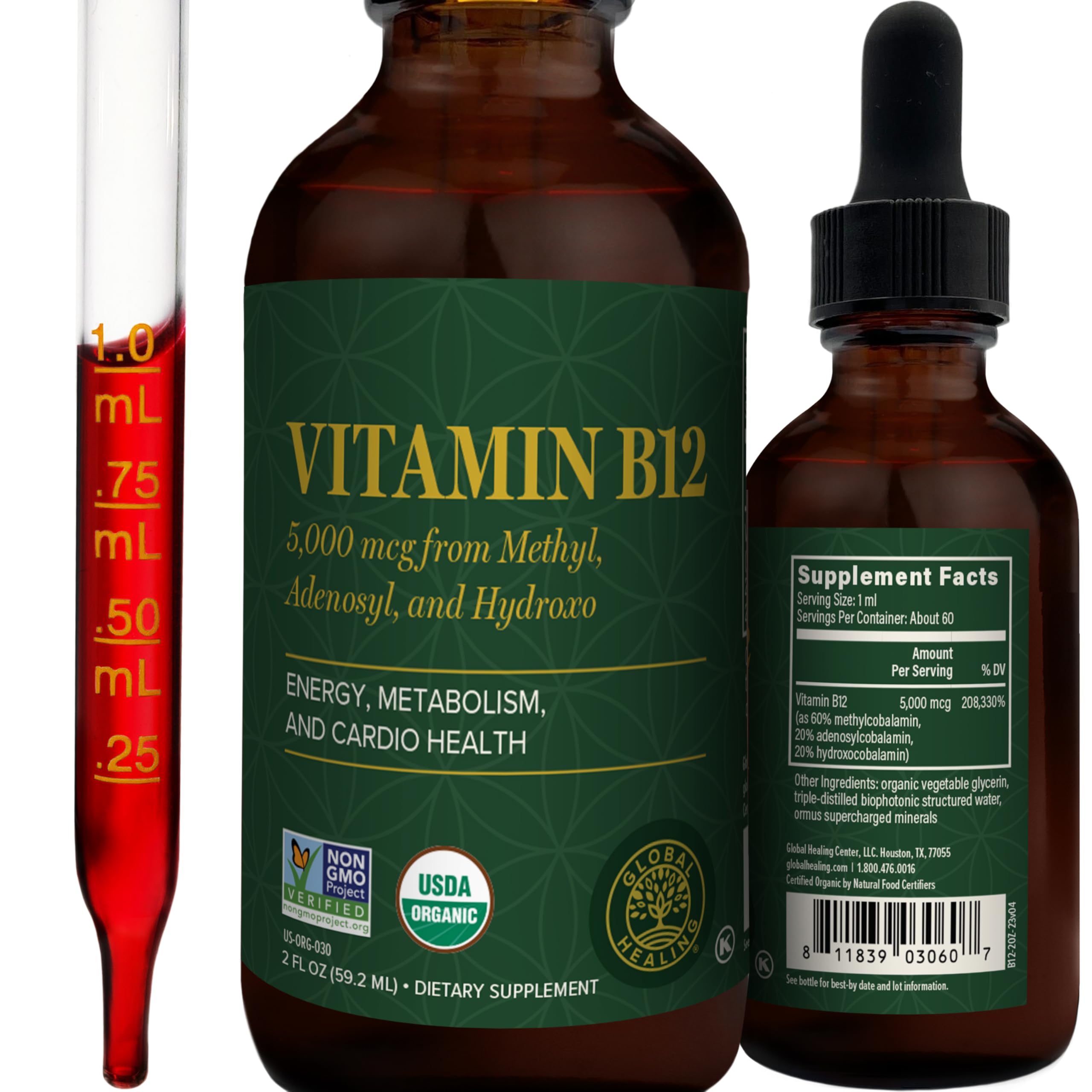 Global Healing Center B12 Drops bottle highlights high-potency vegan vitamin for energy support.