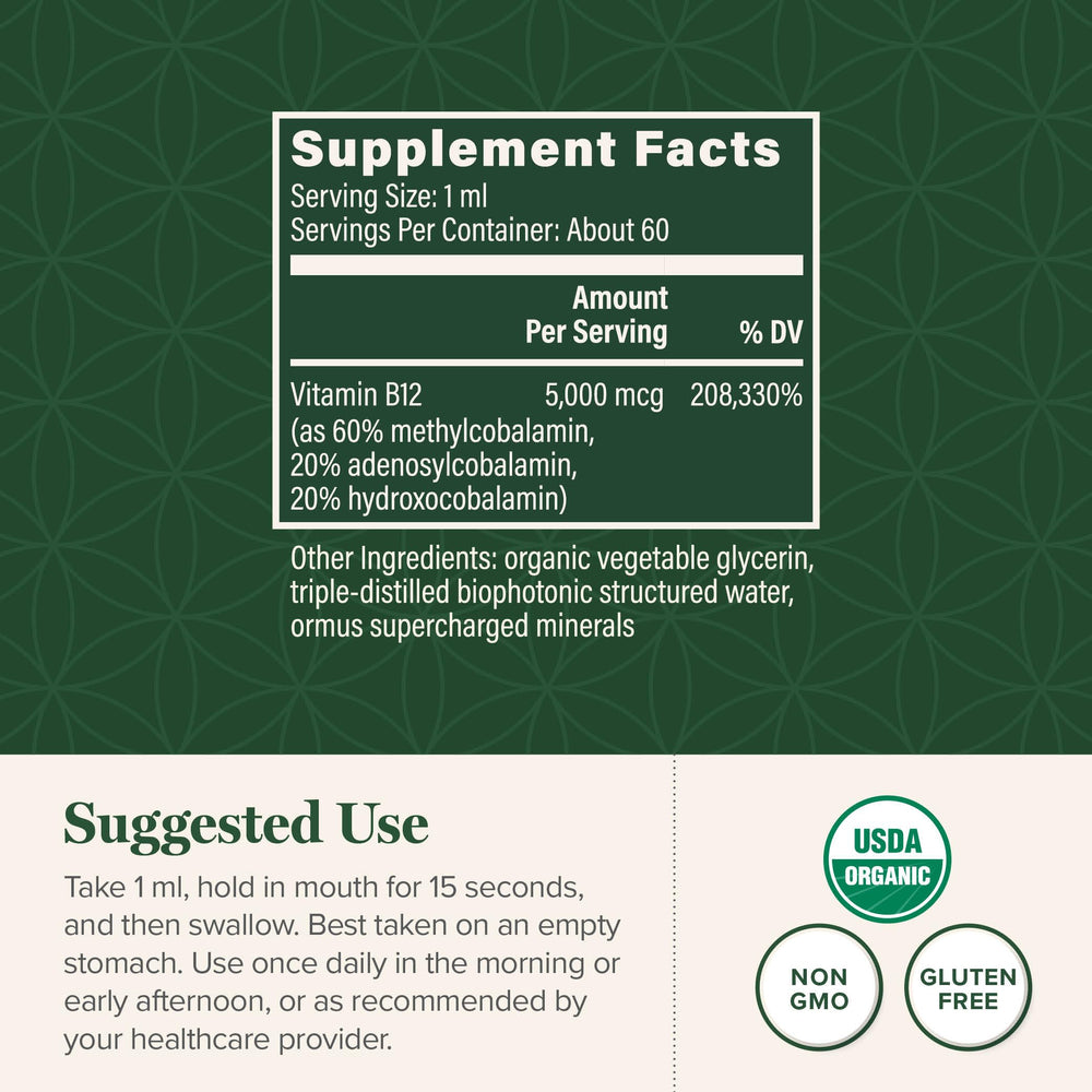 Global Healing Center B12 Drops label highlights organic, non-GMO formula.