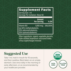 Global Healing Center B12 Drops label highlights organic, non-GMO formula.