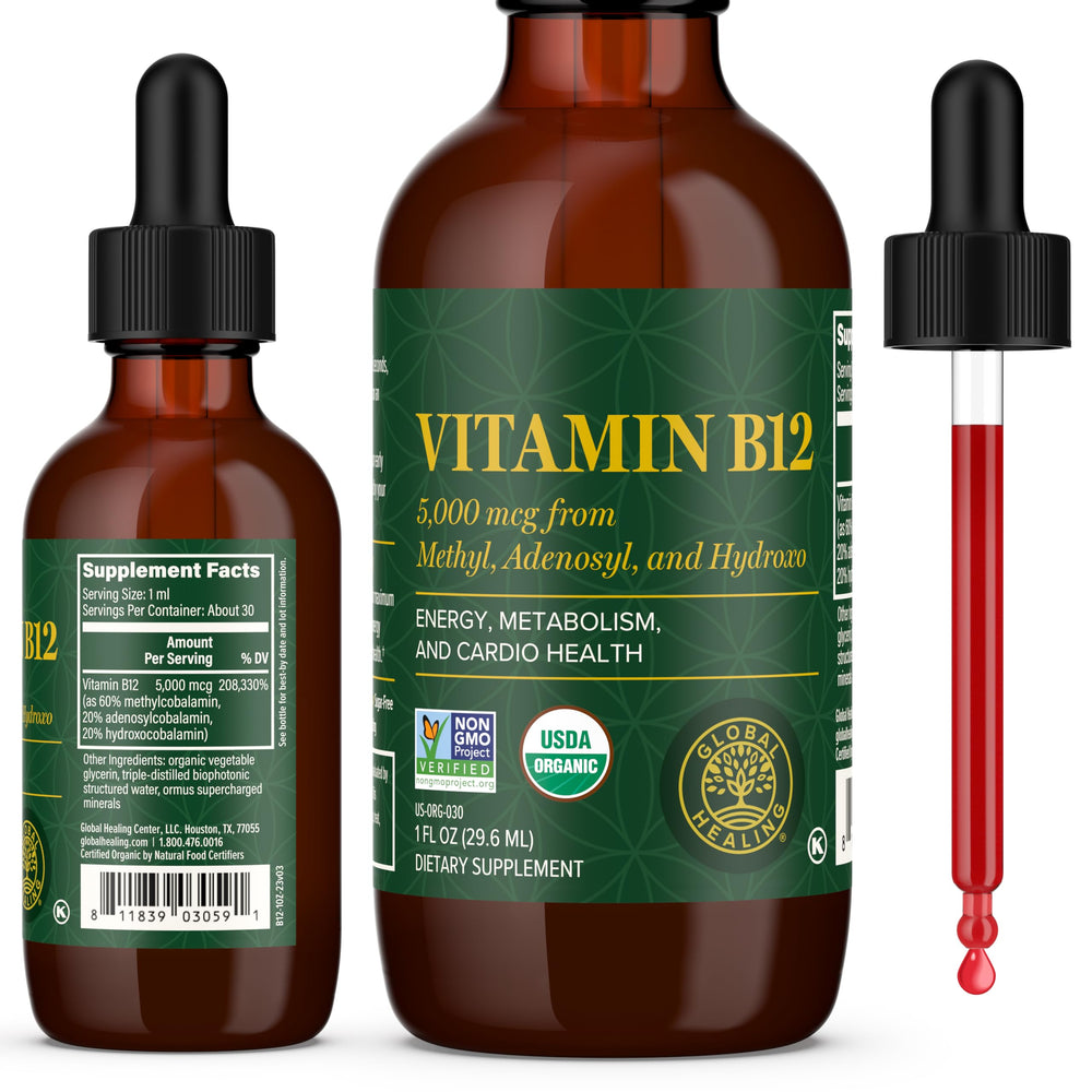 Global Healing Center B12 sublingual bottle shown for easy daily energy support.