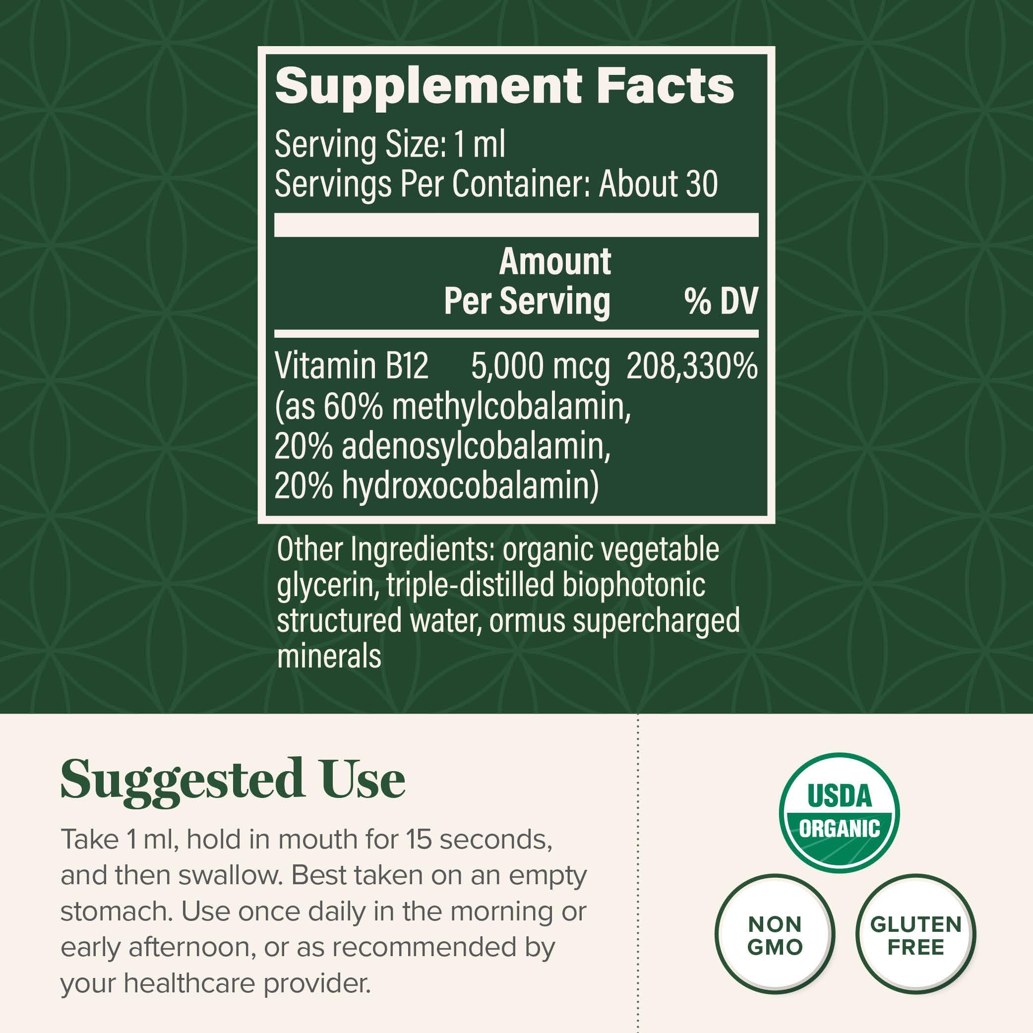 Global Healing Center B12 sublingual label highlights organic vegan formulation.