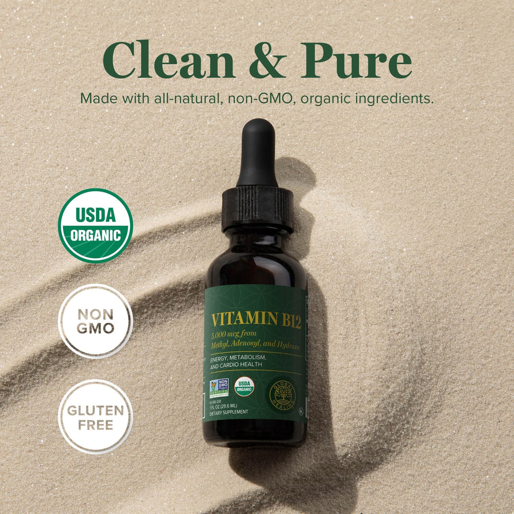 Global Healing Center B12 sublingual liquid drops with clear dosing.