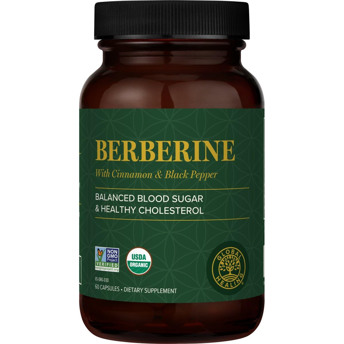 Global Healing Center berberine bottle with cinnamon and black pepper on the label, 1200 mg formula.