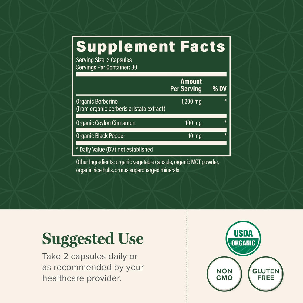 Global Healing Center berberine with cinnamon and pepper, ingredients panel highlights premium blend.