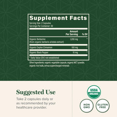 Global Healing Center berberine with cinnamon and pepper, ingredients panel highlights premium blend.