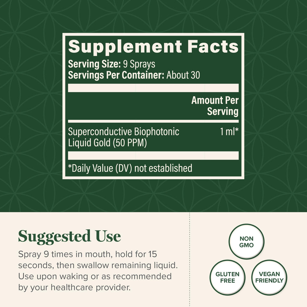 Global Healing Center Biophotonic Liquid Gold Spray label closeup highlighting ingredients and branding.