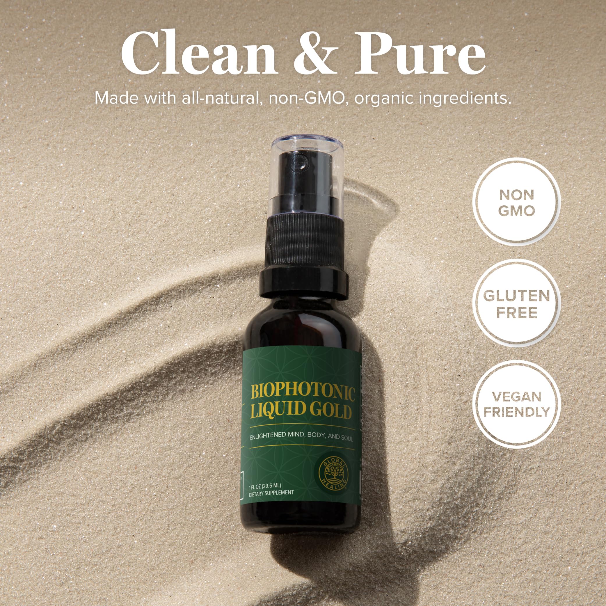Global Healing Center Biophotonic Liquid Gold Spray packaging shown for kitchen counter storage.