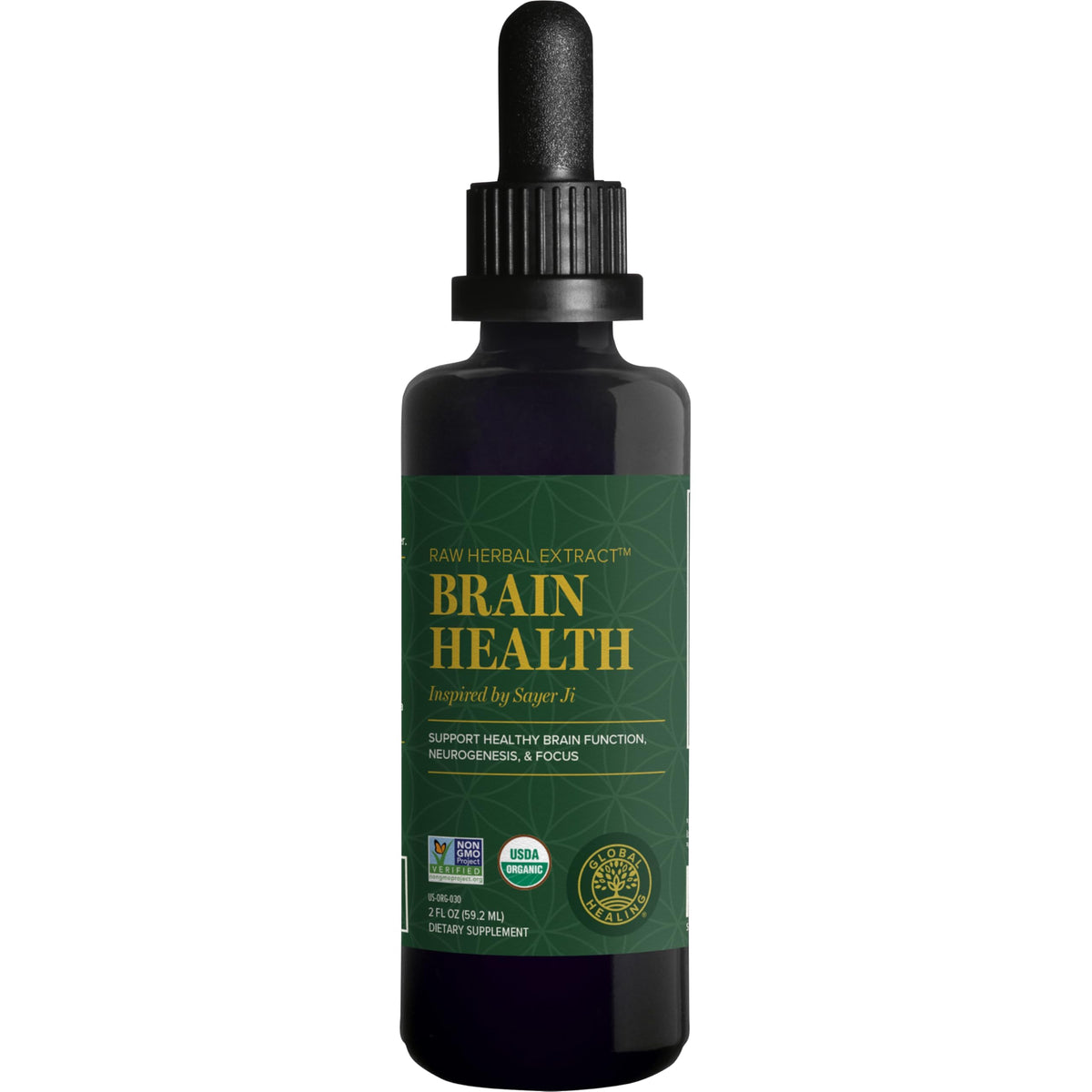 Global Healing Center Brain Health bottle front with organic ingredients for daily focus.