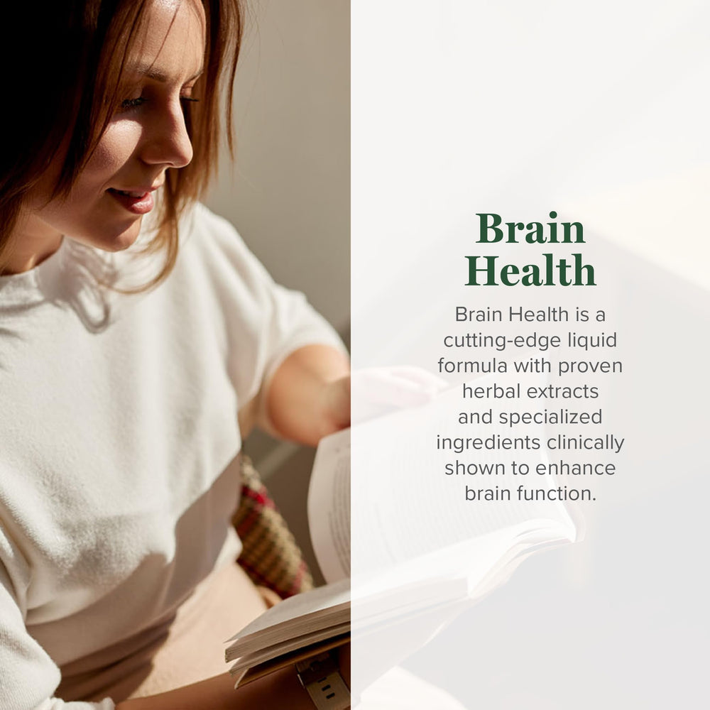 Global Healing Center Brain Health bottle pour illustrating easy daily use for sustained focus.
