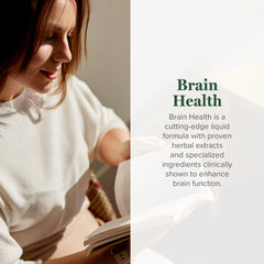 Global Healing Center Brain Health bottle pour illustrating easy daily use for sustained focus.