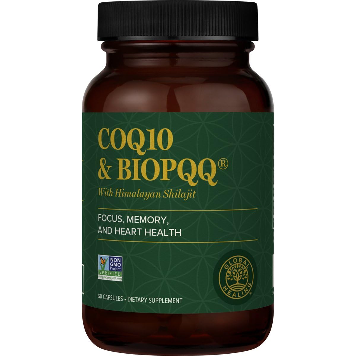 Global Healing Center CoQ10 bottle close-up for daily energy support.