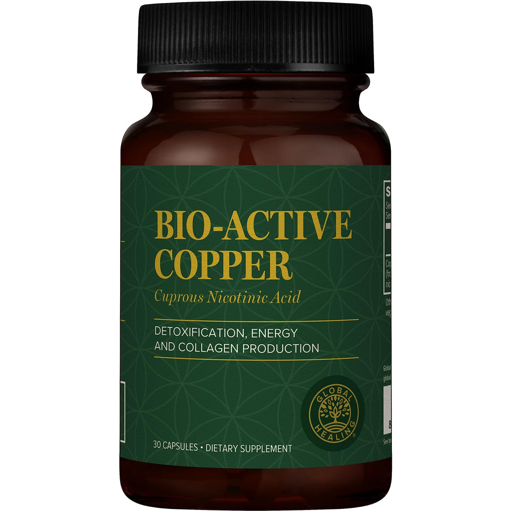 Global Healing Center Cu1 bottle front view shows compact capsules for daily copper intake