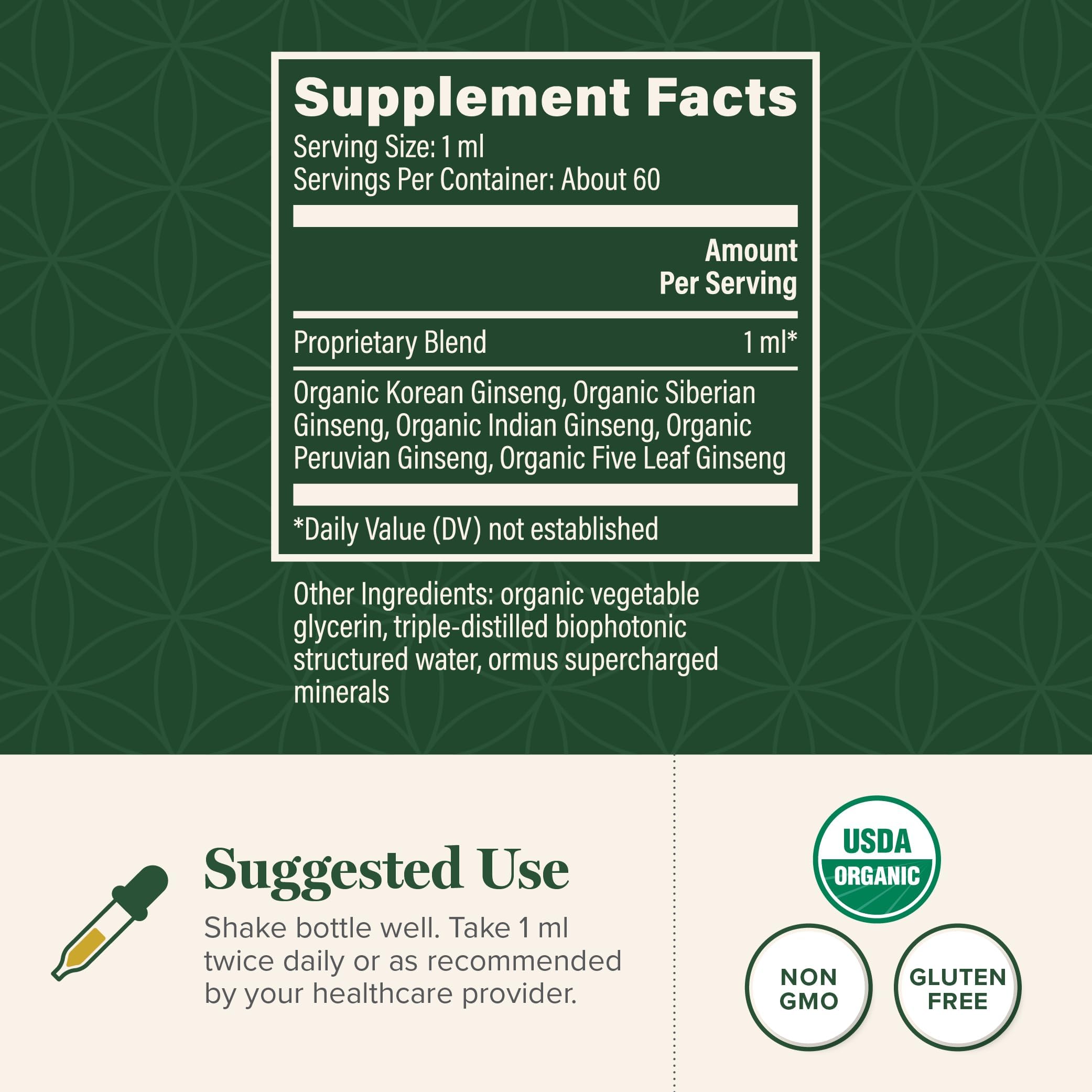 Global Healing Center Ginseng drops in a glass dropper for easy dosage.