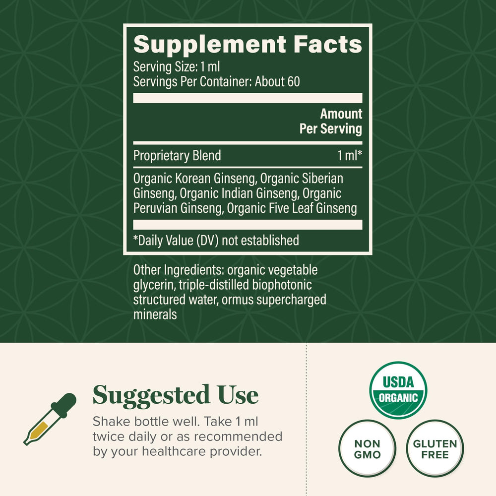 Global Healing Center Ginseng drops in a glass dropper for easy dosage.