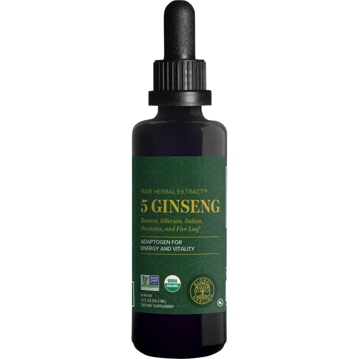 Global Healing Center Ginseng liquid drops poured for quick energy support.