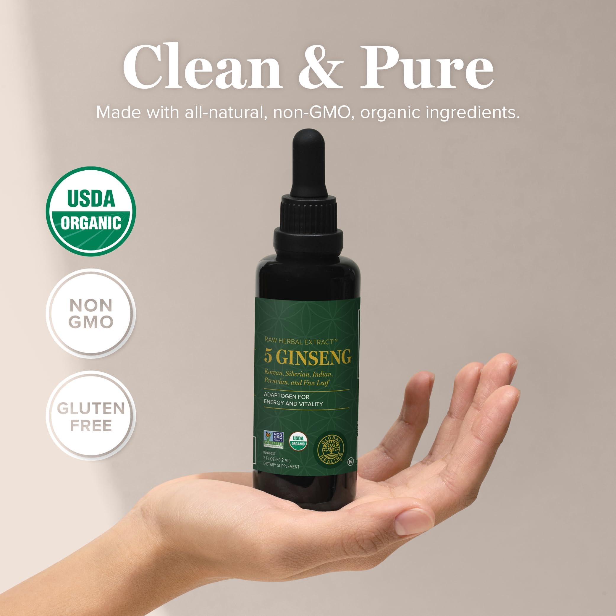Global Healing Center Ginseng packaging on a natural surface highlighting clean ingredients.