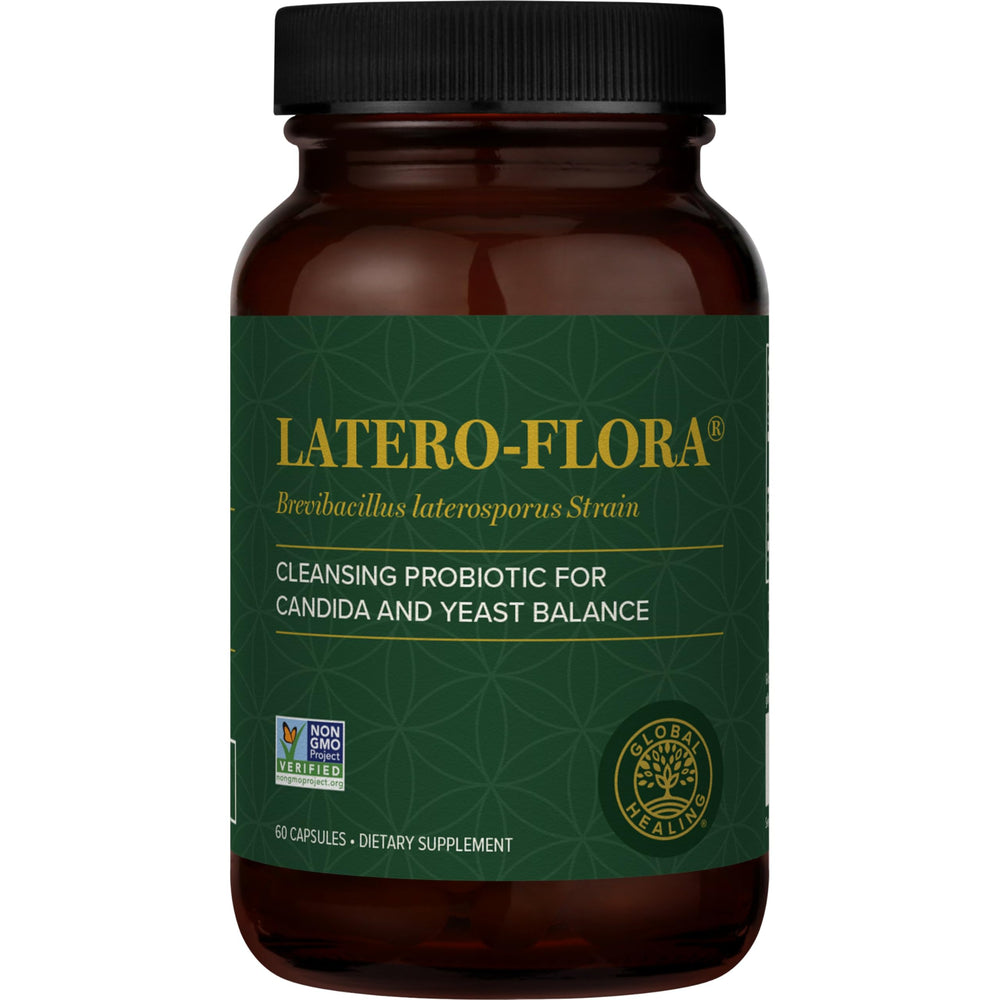Global Healing Center Latero-Flora bottle pour supports convenient daily dosing for gut balance.